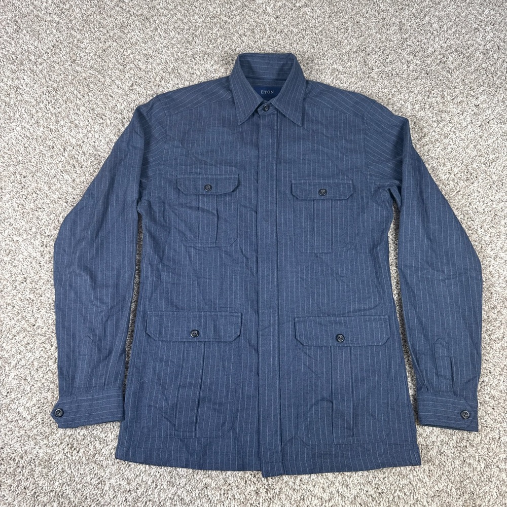 Eton Overshirt Mens S Blue Pinstripe Cotton 4 Pocket Hidden Placket Jacket